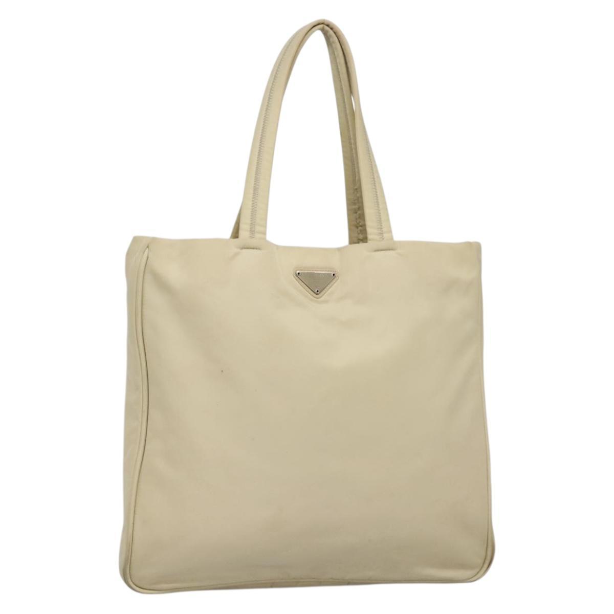 Prada Tote Bag Nylon Beige Silver Auth 139071
